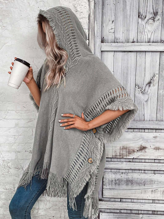 Oversized Hooded Woolen Poncho for Women with Fringe Hem – Cozy Autumn Style 2
