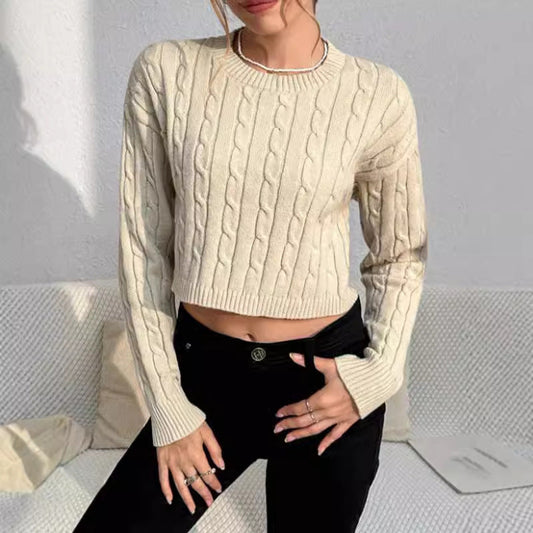 Cropped Cable Knit Women's Sweater, Wool Blend, Long Sleeve, Casual Fit 2