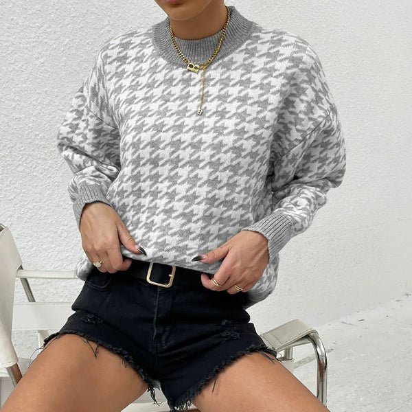 Womens Relaxed Fit Houndstooth Knit Pullover Sweater 3
