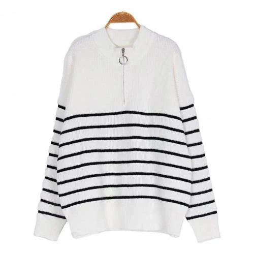 Women’s Relaxed Fit Striped Pullover Sweater with Zip Collar 2