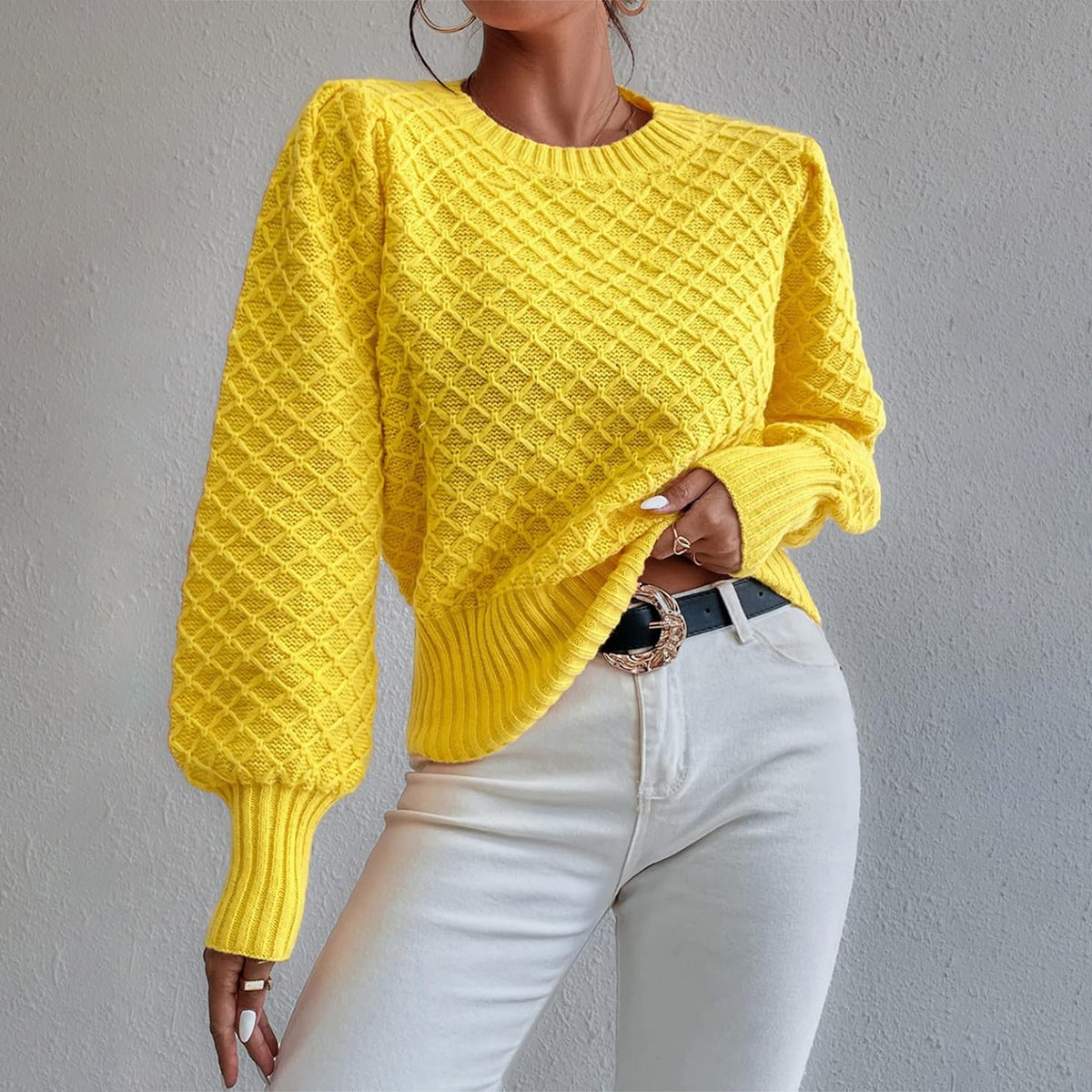 Womens Relaxed Fit Pullover Sweater - Quilted Texture - Wool Blend 3