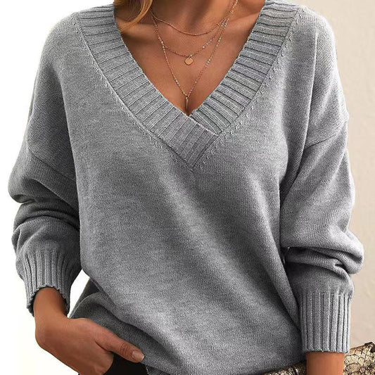Womens Relaxed Fit V-Neck Pullover Sweater - Knitted Wool with Ribbed Trim 2