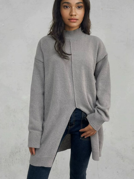 Womens Oversized Wool Sweater with Half Turtleneck and High Slit Hem - Cozy Fall Fashion 2