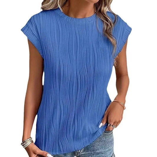 Women's Relaxed Fit Short-Sleeve Top with Pleated Texture – Casual Crewneck Shirt 1