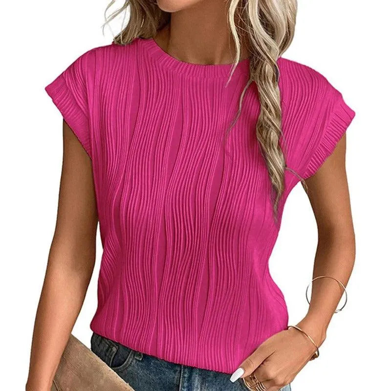 Women's Relaxed Fit Short-Sleeve Top with Pleated Texture – Casual Crewneck Shirt 4