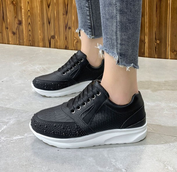 Women’s Rhinestone Detail Sneakers with Snakeskin Texture – Lace-Up Athletic Shoes 0