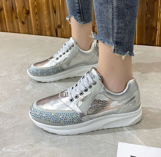 Women’s Rhinestone Detail Sneakers with Snakeskin Texture – Lace-Up Athletic Shoes 1