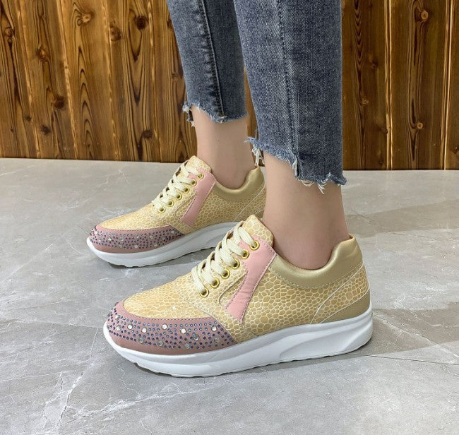 Women’s Rhinestone Detail Sneakers with Snakeskin Texture – Lace-Up Athletic Shoes 2