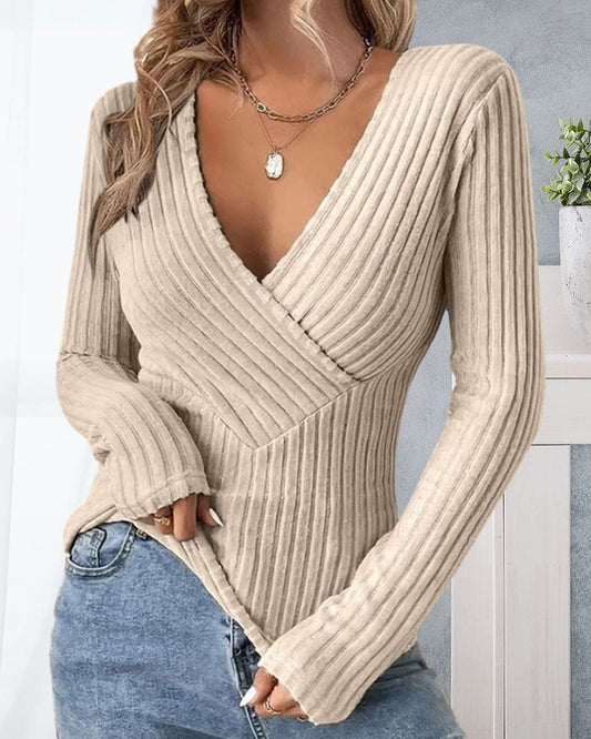 Womens Ribbed Wrap Sweater with V-Neck Crisscross Design - Long Sleeve Knit 2
