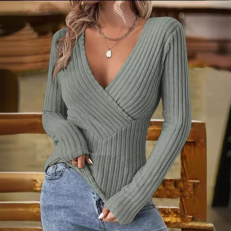 Womens Ribbed Wrap Sweater with V-Neck Crisscross Design - Long Sleeve Knit 5