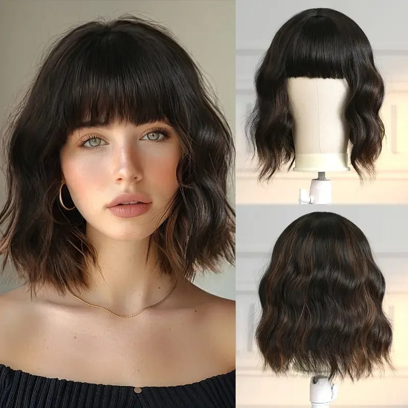 Women's Short Bob Wig Brown Synthetic Hair with Bangs 10