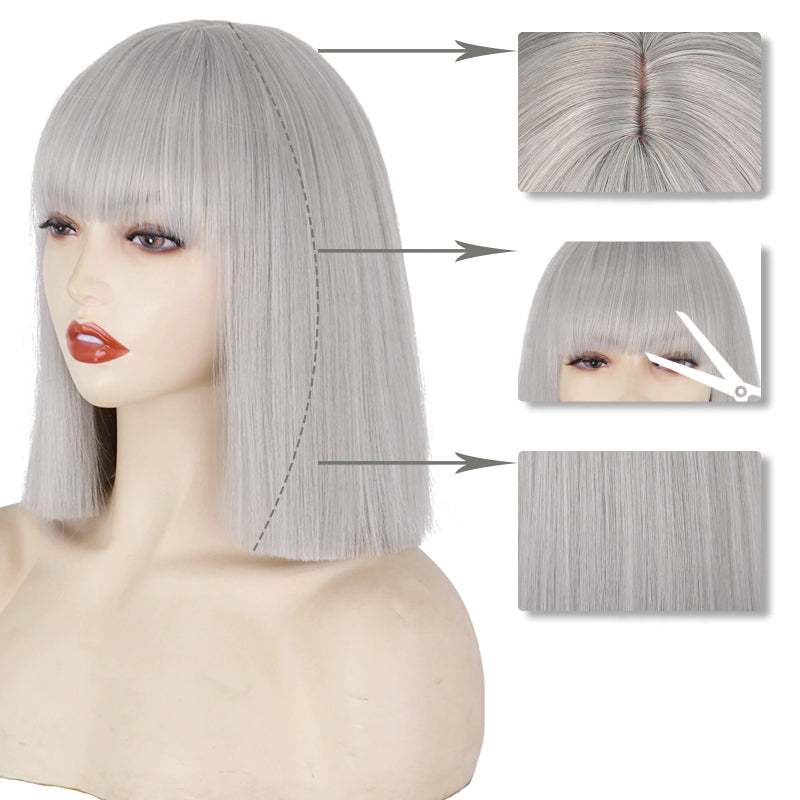 Women's Short Bob Wig Silver Gray High-Temperature Fiber 2