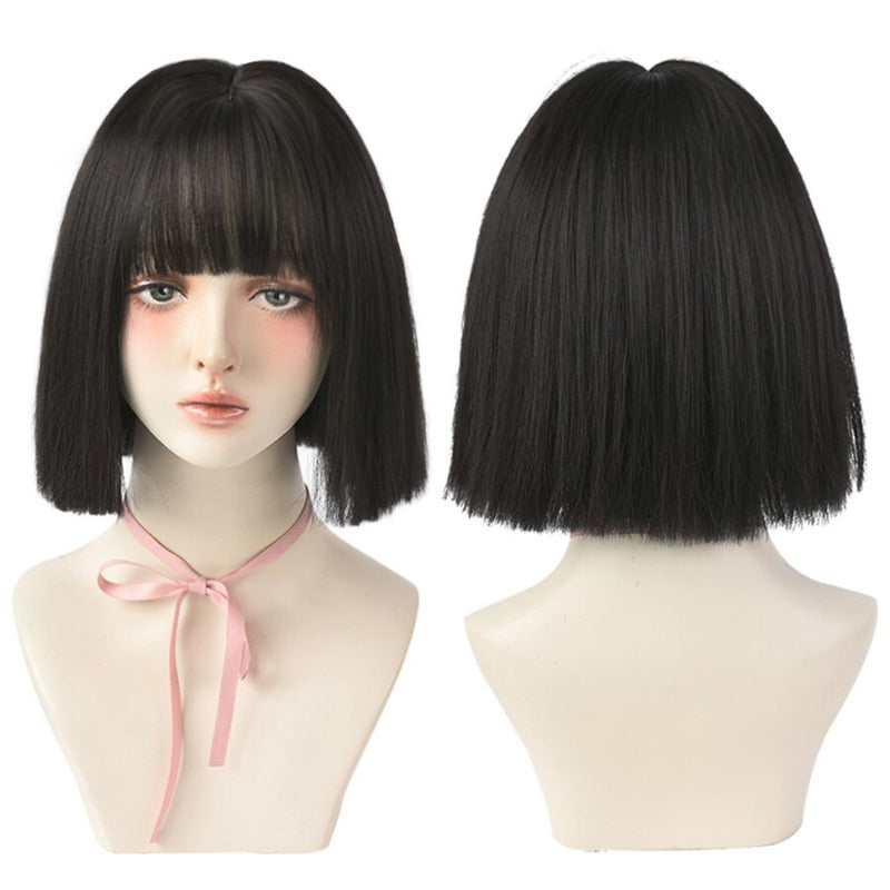 Women's Short Wig Black Heat Resistant Synthetic Hair with Bangs 12