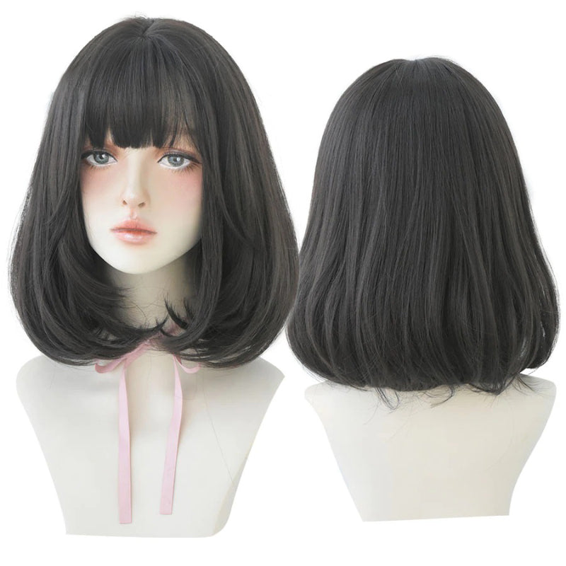 Women's Short Wig Black Heat Resistant Synthetic Hair with Bangs 16