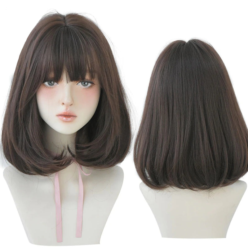 Women's Short Wig Black Heat Resistant Synthetic Hair with Bangs 22