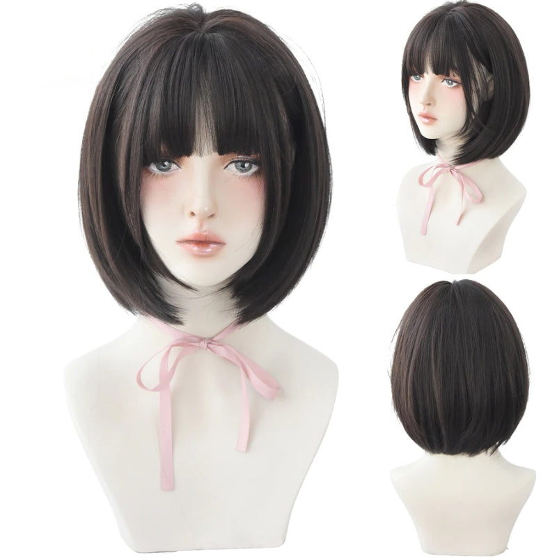 Women's Short Wig Black Heat Resistant Synthetic Hair with Bangs 23