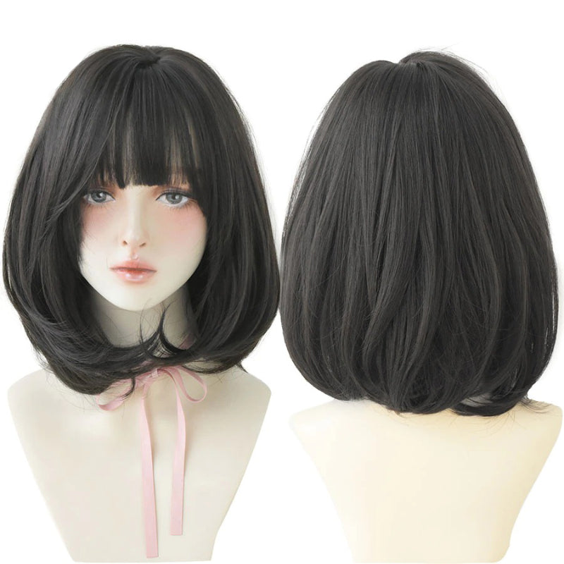 Women's Short Wig Black Heat Resistant Synthetic Hair with Bangs 26