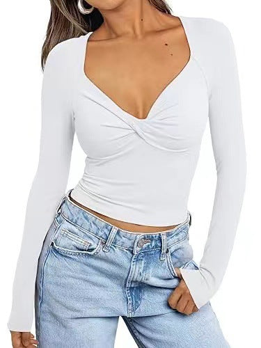 Women’s Slim Fit Long Sleeve V-Neck Cropped T-Shirt in Stretch Cotton 1