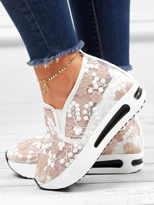 Women's Slip-On Sneakers with Floral Embroidery and Sheer Mesh Upper – Trendy Platform Sole for Casual Style 1