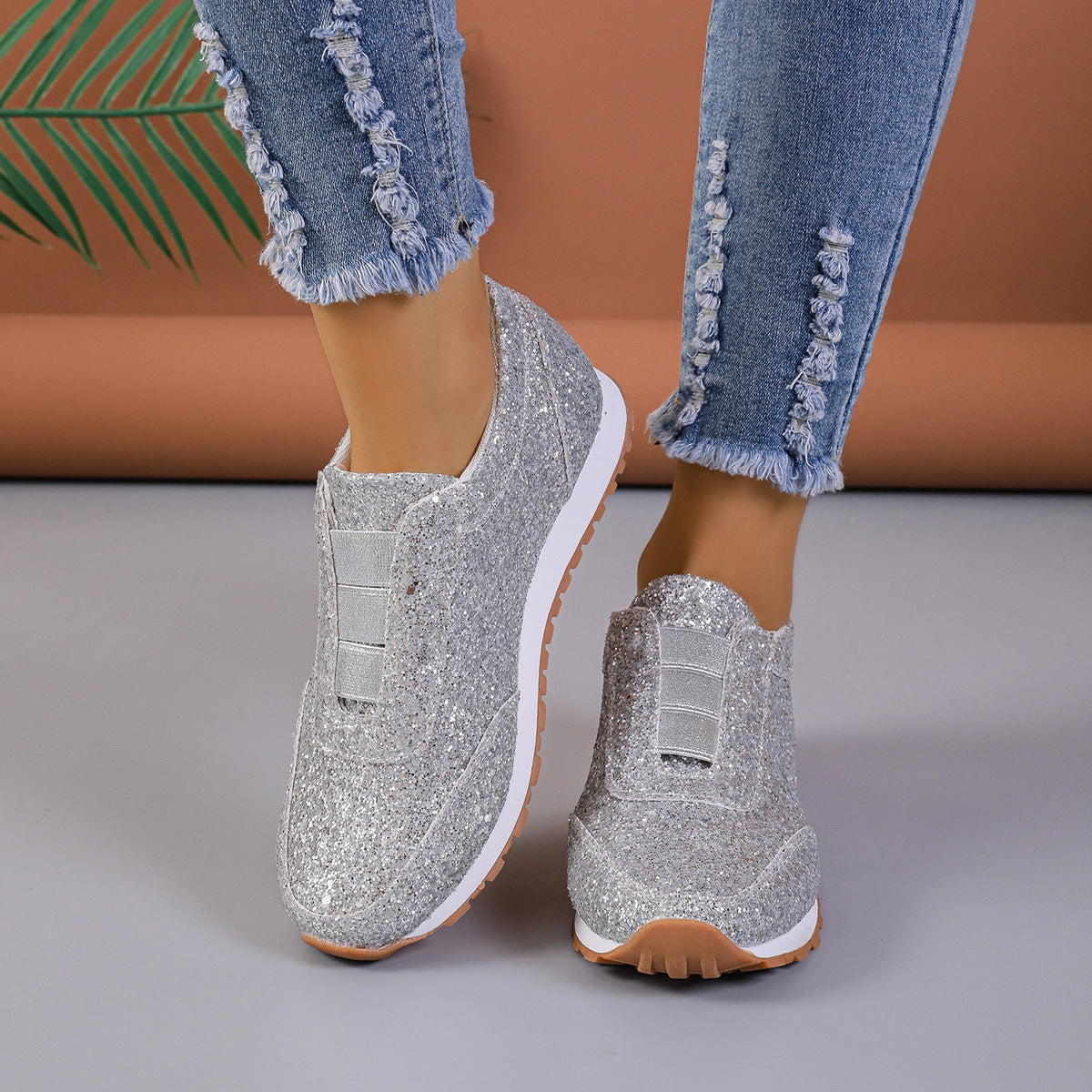 Women's Slip-On Sneakers with Sequin Upper and Cushioned Sole - Low Profile Casual Shoes 2