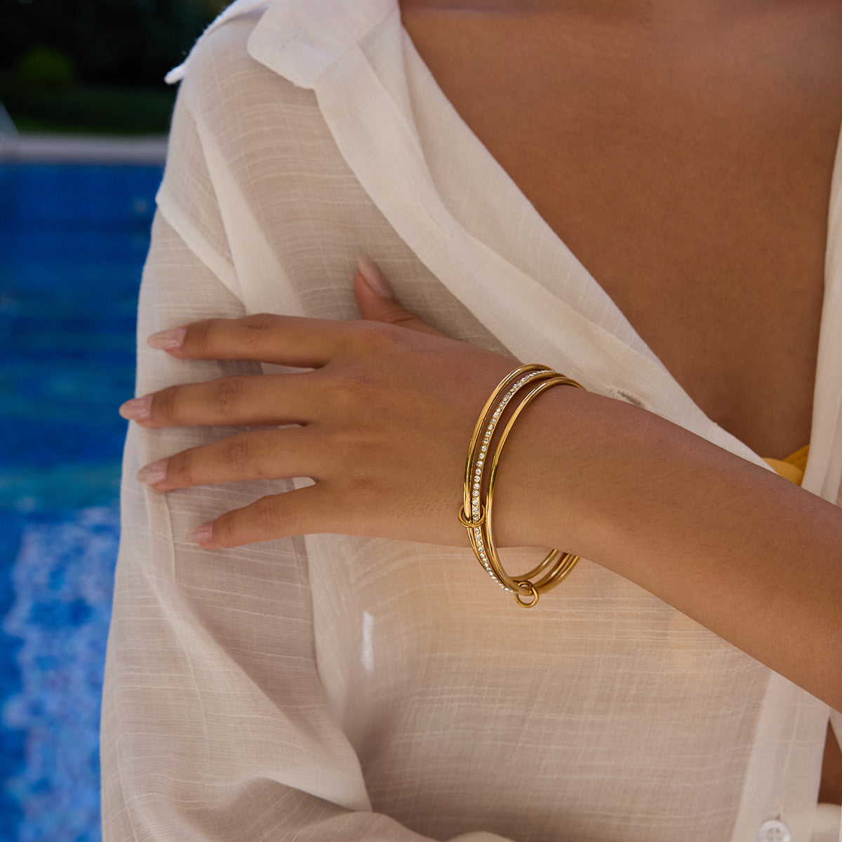 Women's Stacked Bracelet Gold Stainless Steel with Diamonds 2