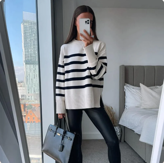 Womens Oversized Striped Sweater - Casual Crew Neck Top in Soft Cotton Blend 2