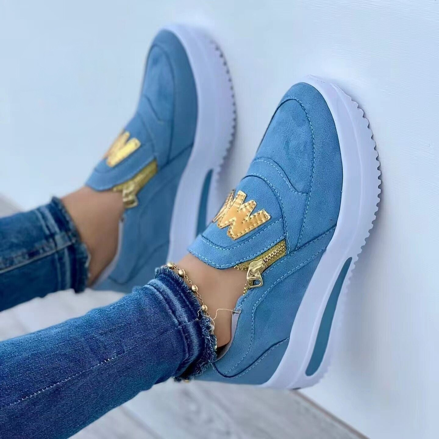 Women's Suede Low-Top Sneakers with Side Zipper and Thick Rubber Sole – Comfortable Casual Footwear 2