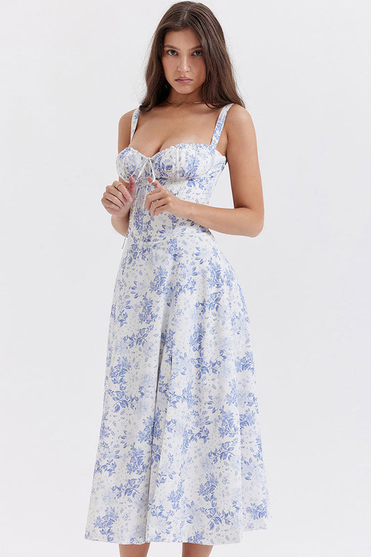 Women's Summer Dress Blue Floral Cotton Fit & Flare 1