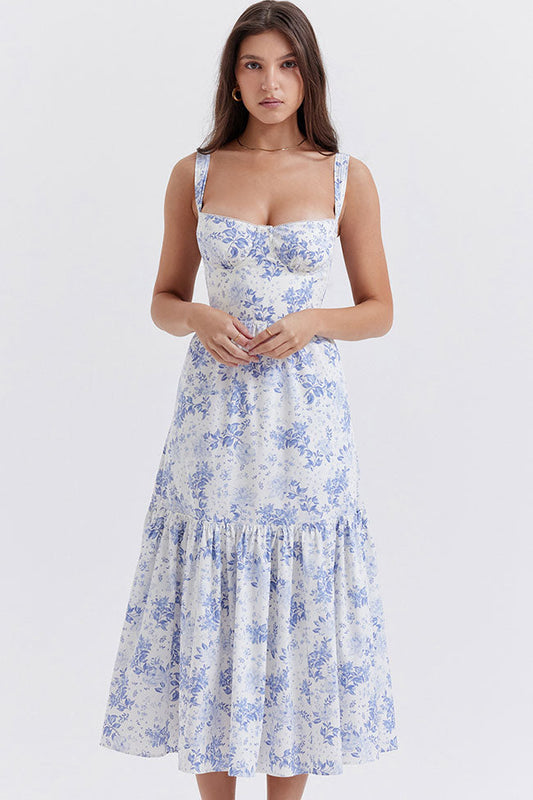 Women's Summer Dress Blue Floral Print Cotton Midi 1