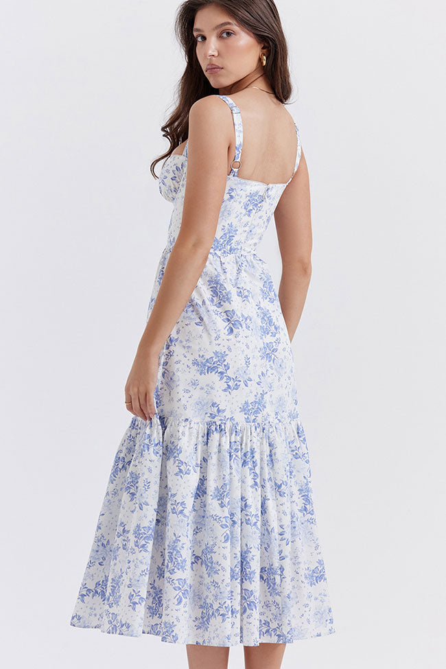 Women's Summer Dress Blue Floral Print Cotton Midi 3