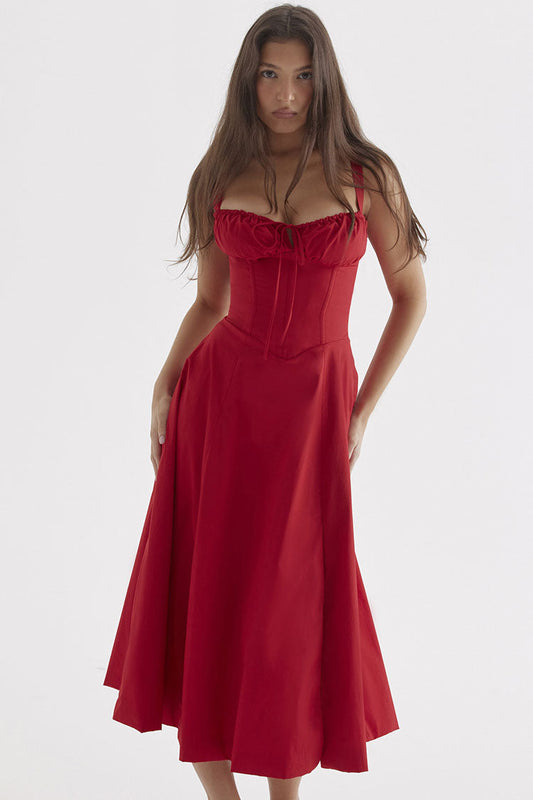 Women's Summer Midi Dress Red Cotton Fit & Flare 1