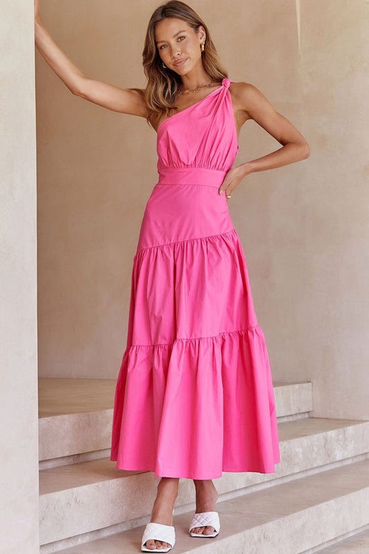 Women's Summer Midi Dress Rose Polyester One Shoulder Flowy