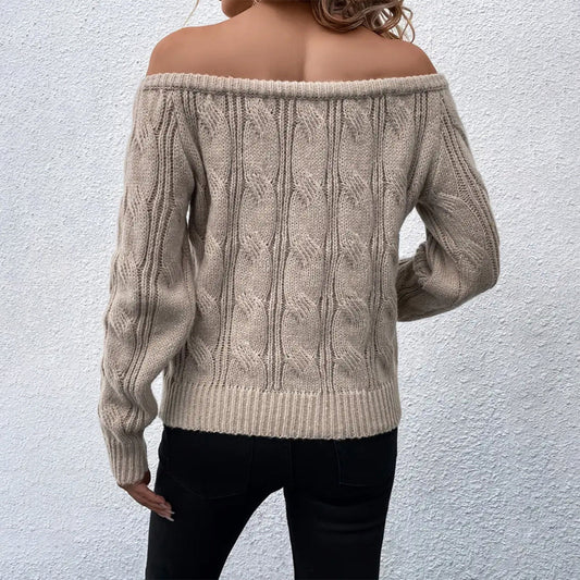 Off Shoulder Cable Knit Sweater for Women - Relaxed Fit with Ribbed Hem & Cuffs 2