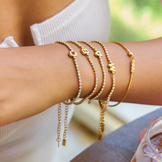 Women's Tennis Bracelet Gold Stainless Steel with Bubble Letter Design 1