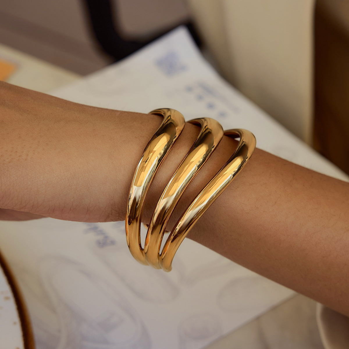 Women's Triple Layer Bangle Gold Stainless Steel 3