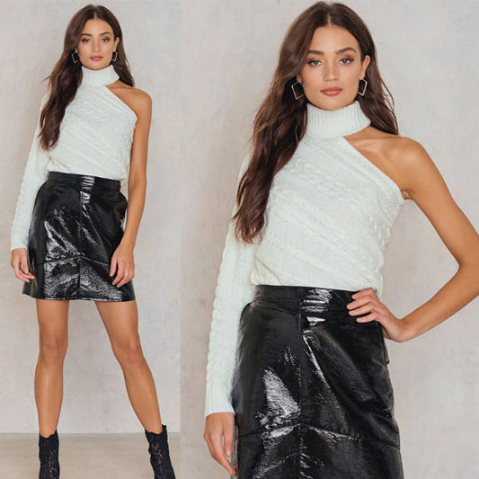 Chic Off-Shoulder Cable Knit Turtleneck Sweater for Women 2