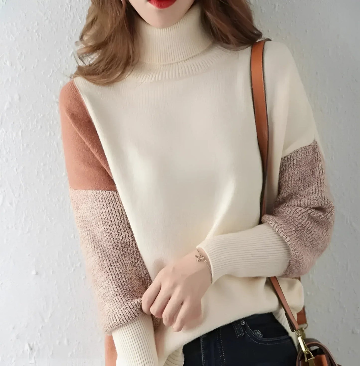 Womens Turtleneck Sweatshirt, Relaxed Fit Asymmetric Two-Tone Wool Blend Hoodie 3