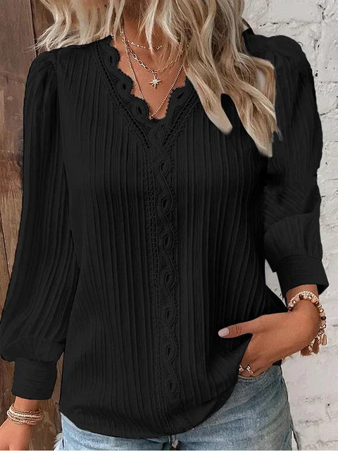 Women's V-Neck Lace Trim Blouse with Long Puff Sleeves – Relaxed Fit Summer Top 1