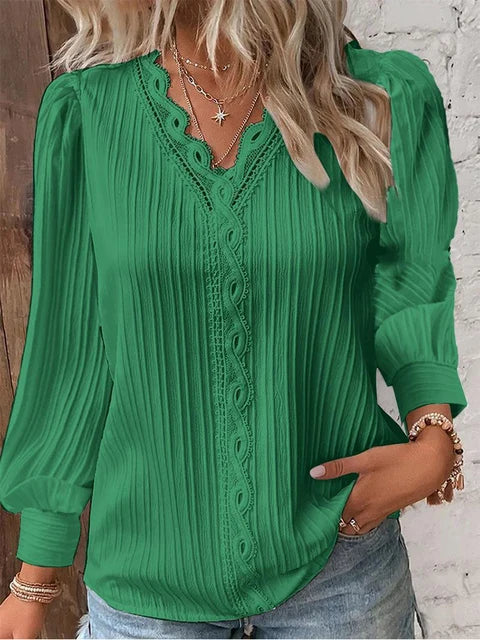 Women's V-Neck Lace Trim Blouse with Long Puff Sleeves – Relaxed Fit Summer Top 2