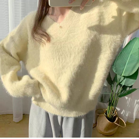 Women's Oversized V-Neck Fluffy Knit Sweater - Loose Fit with Ribbed Trim 2