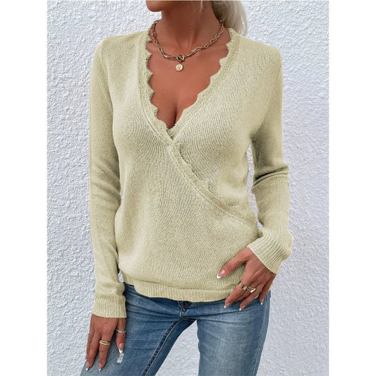 Women's Relaxed Fit Scalloped V-Neck Sweater - Soft Knit Beige for Casual Wear 2