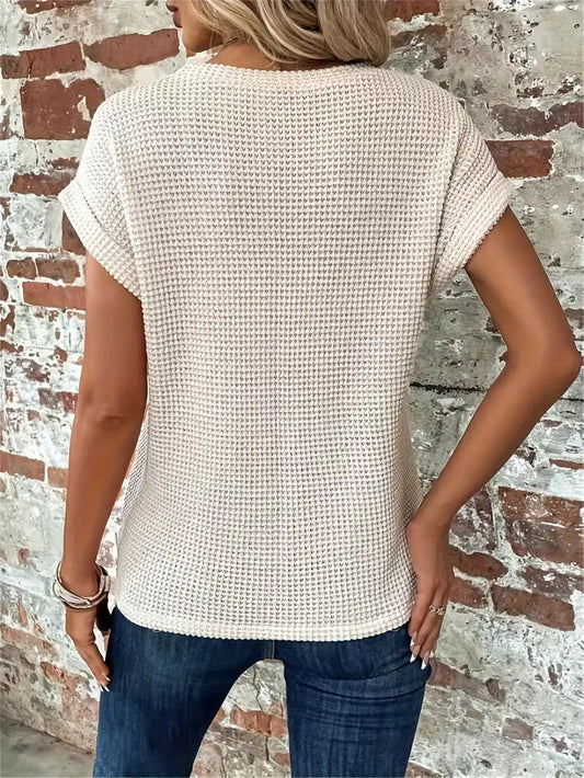 Women's Waffle Knit Top - Breathable Loose Fit Round Neck Casual Top for Spring/Summer 1