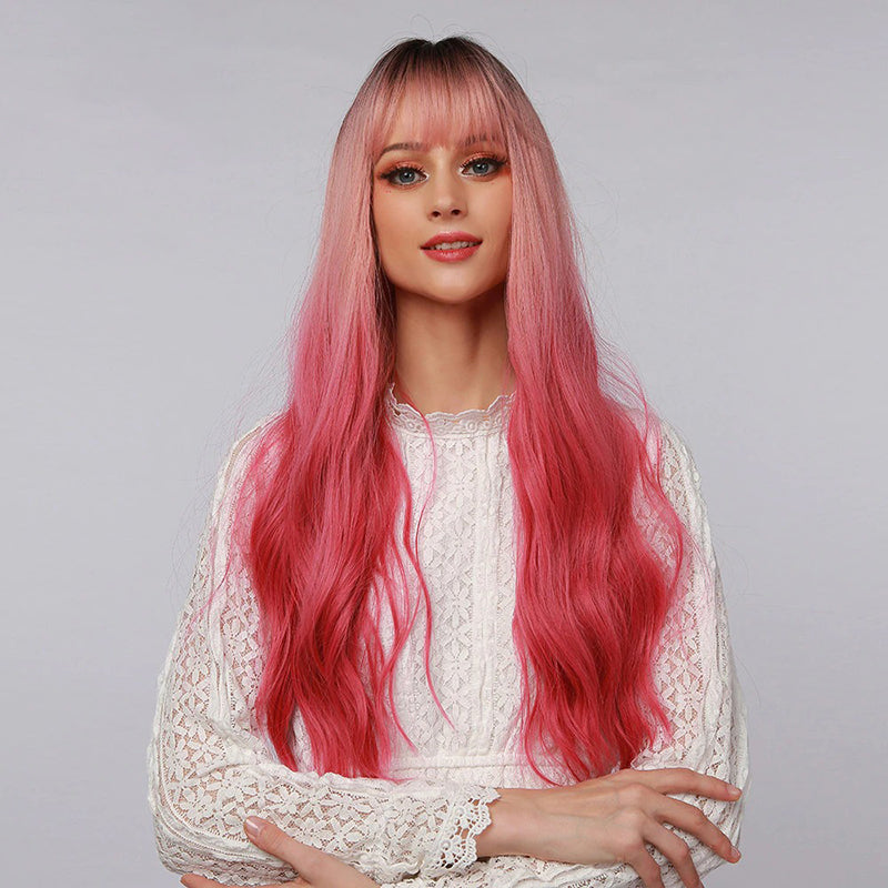 Women's Wavy Wig Ombre Pink 24 Inch Heat-Resistant Fiber 0