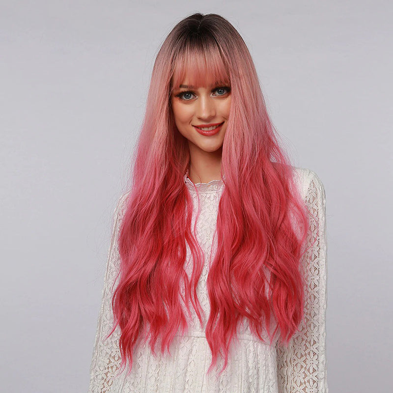 Women's Wavy Wig Ombre Pink 24 Inch Heat-Resistant Fiber 1