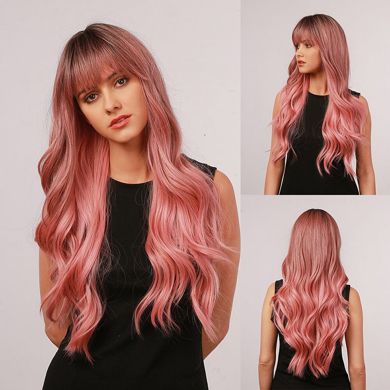 Women's Wavy Wig Ombre Pink 24 Inch Heat-Resistant Fiber 10