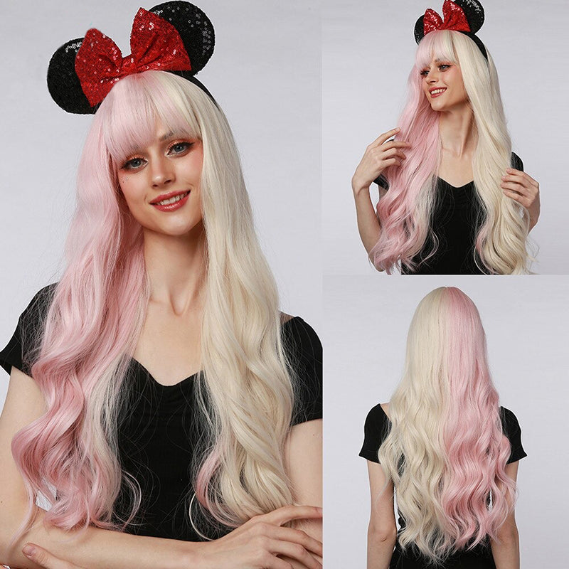 Women's Wavy Wig Ombre Pink 24 Inch Heat-Resistant Fiber 19