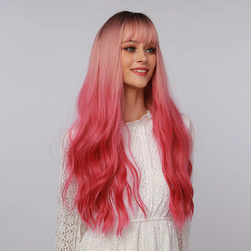 Women's Wavy Wig Ombre Pink 24 Inch Heat-Resistant Fiber 2
