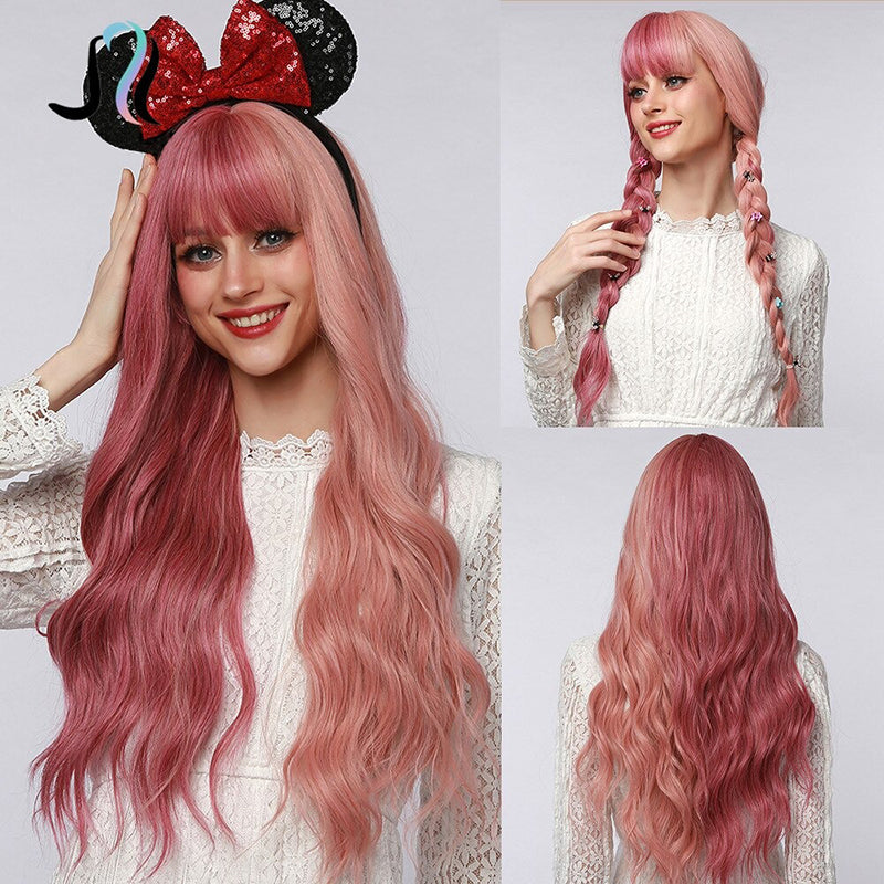 Women's Wavy Wig Ombre Pink 24 Inch Heat-Resistant Fiber 21