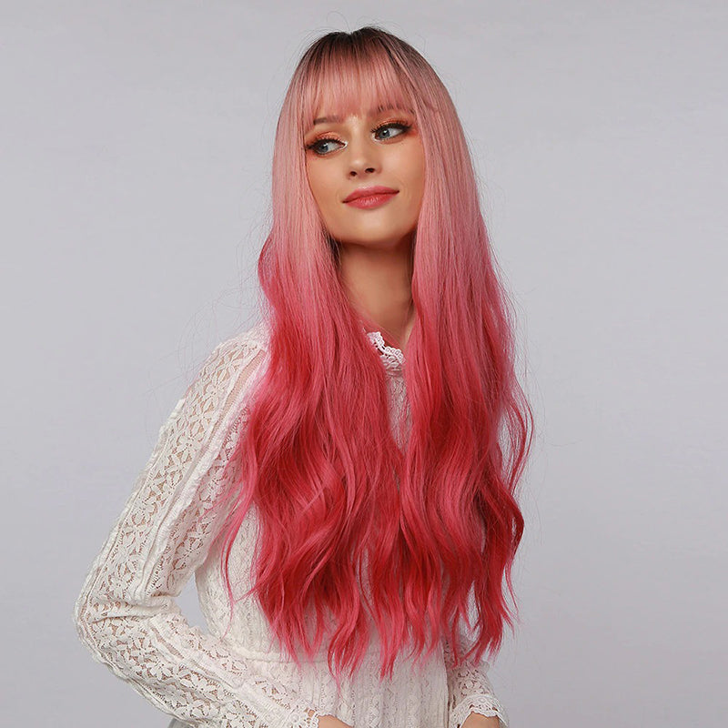 Women's Wavy Wig Ombre Pink 24 Inch Heat-Resistant Fiber 3