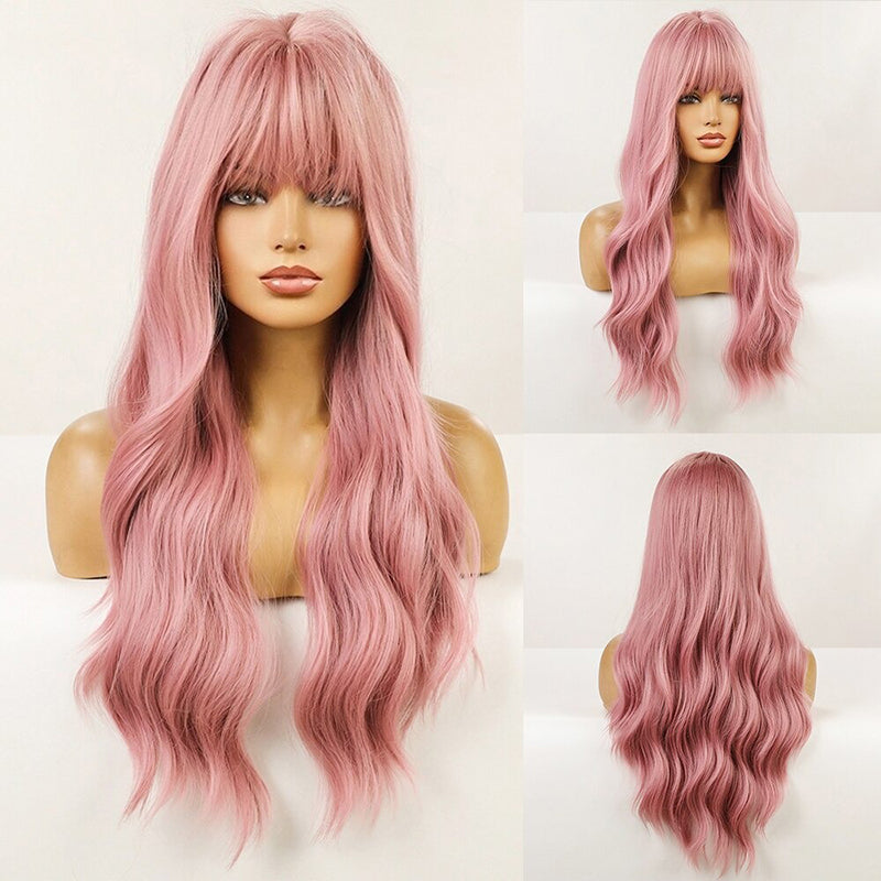 Women's Wavy Wig Ombre Pink 24 Inch Heat-Resistant Fiber 30